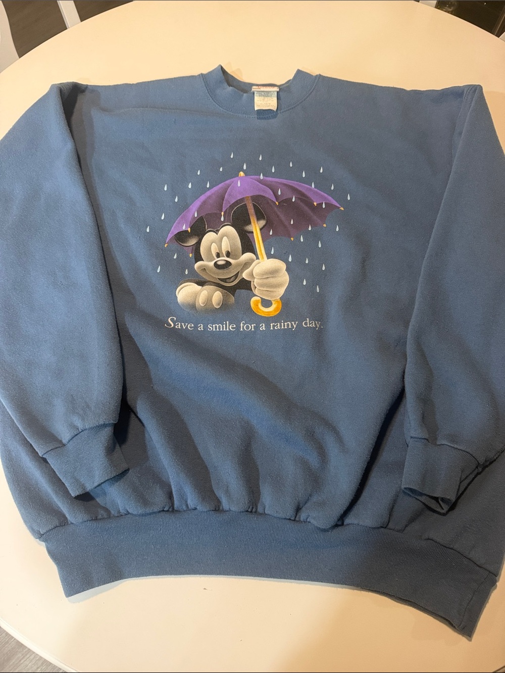 Disney Men's Slate Blue Crewneck with Mickey and Purple Umbrella Graphic